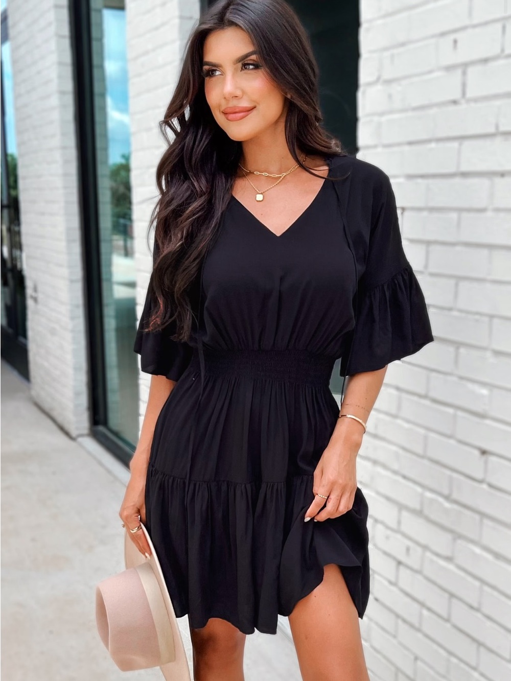 Cupshe Black V-Neck Tiered Smocked-Waist Mini Dress